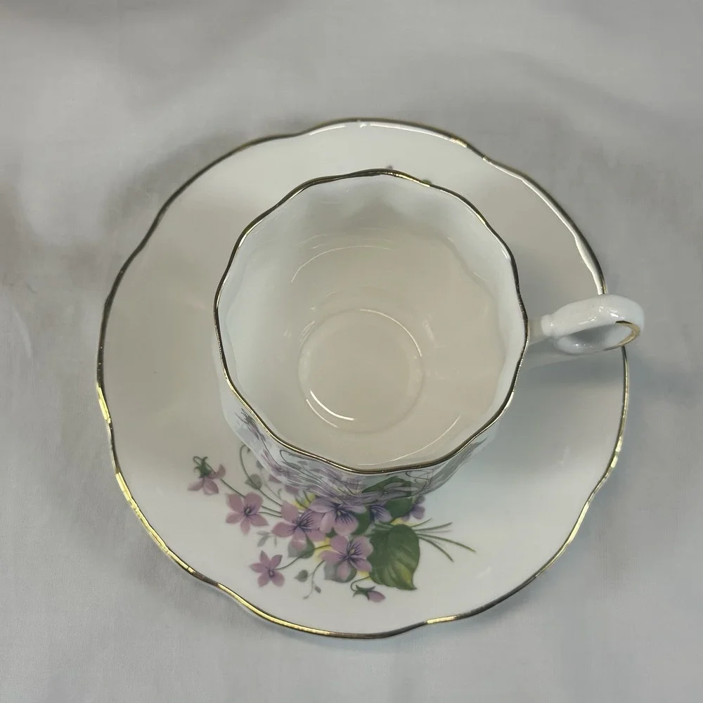 Royal Dover February Violets Teacup Saucer Bone China England Cottagecore Flower